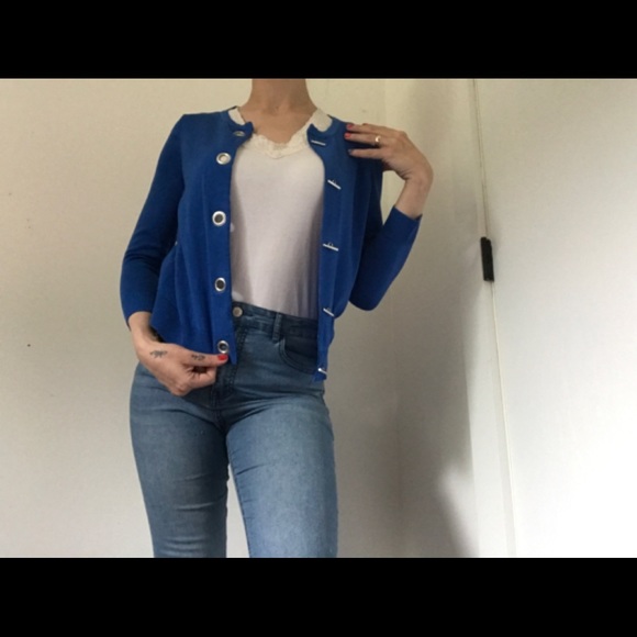 Premise 80’s Style Metal Rivet Closure Blue Nautical Cardigan Coastal Granny - Picture 2 of 16